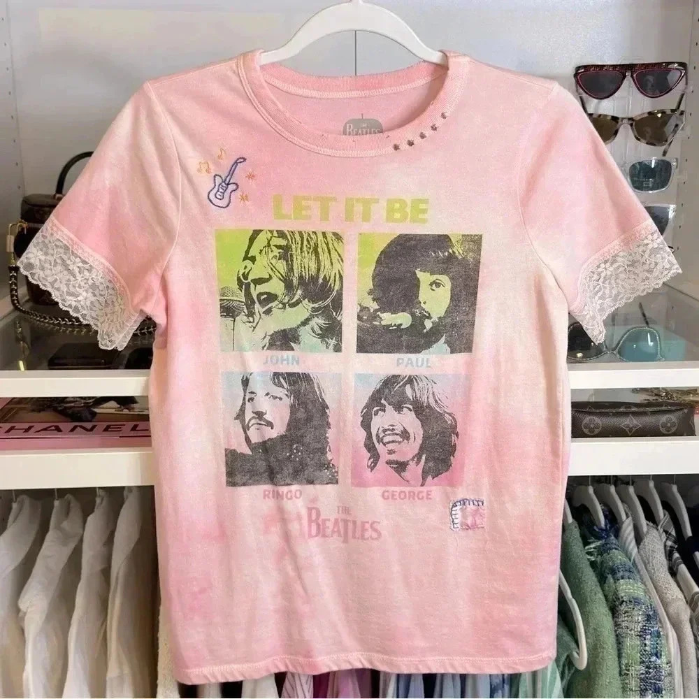 LoveShackFancy xs band tee Beatles rare sold out pink lace studs vintage top